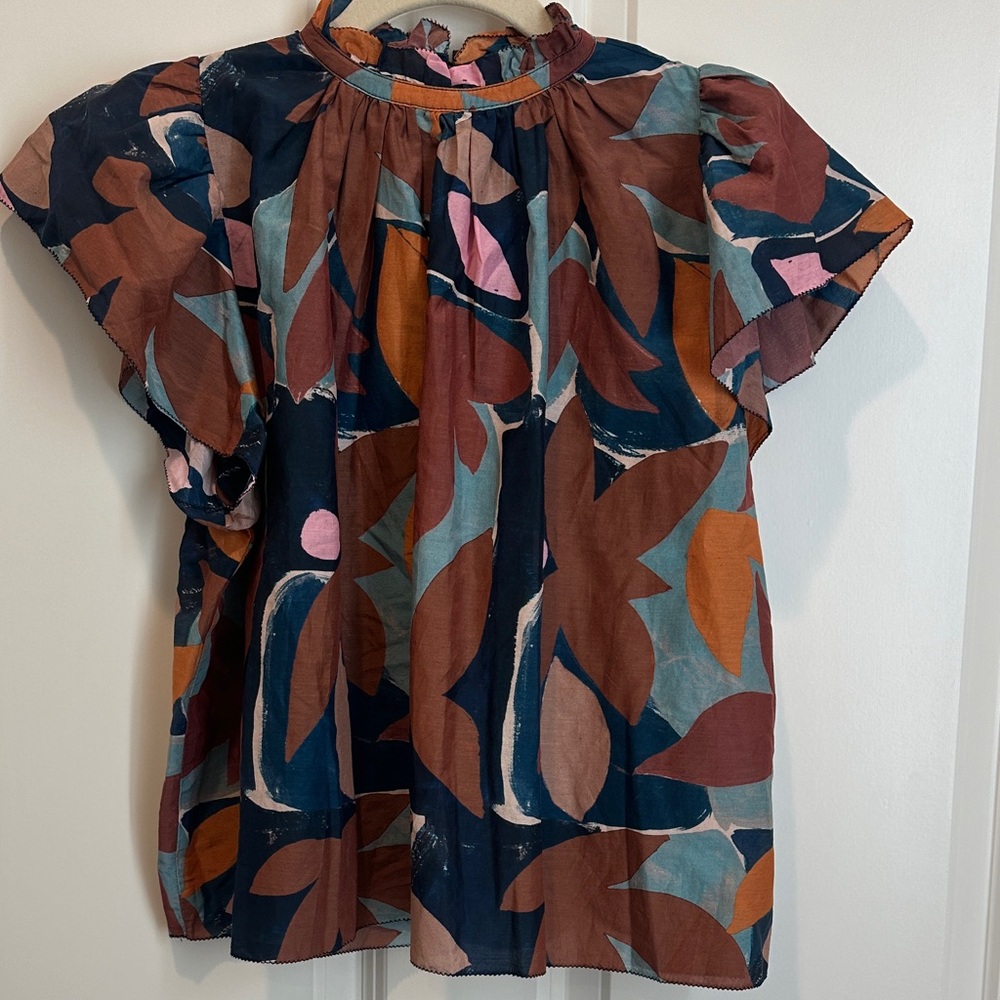 Trovata Multicolor Leaf-Print Flutter Sleeve Blou… - image 1